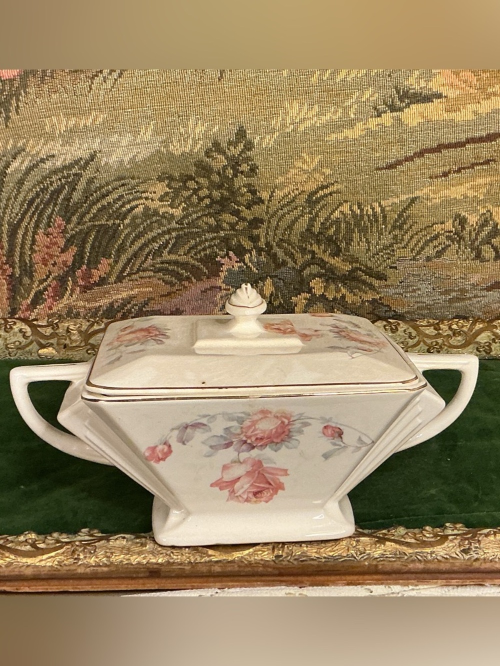 Floral Porcelain Covered Sugar Dish - Pink Rose Motif 22k gold